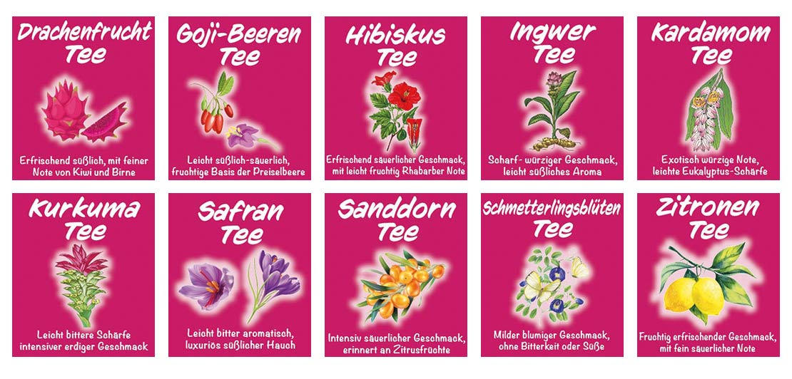 Handverlesene Früchte-, Gewürz- und Kräuter-Tees, Natur Tees von Sissi-Tee in Leer, Ostfriesland. Drachenfrucht, Goji-Beere, Hibiskusblüte, Ingwer, Kardamom, Kurkuma, Safran, Safransirup, Sanddorn, Schmetterlingsblüte, Zitrone,